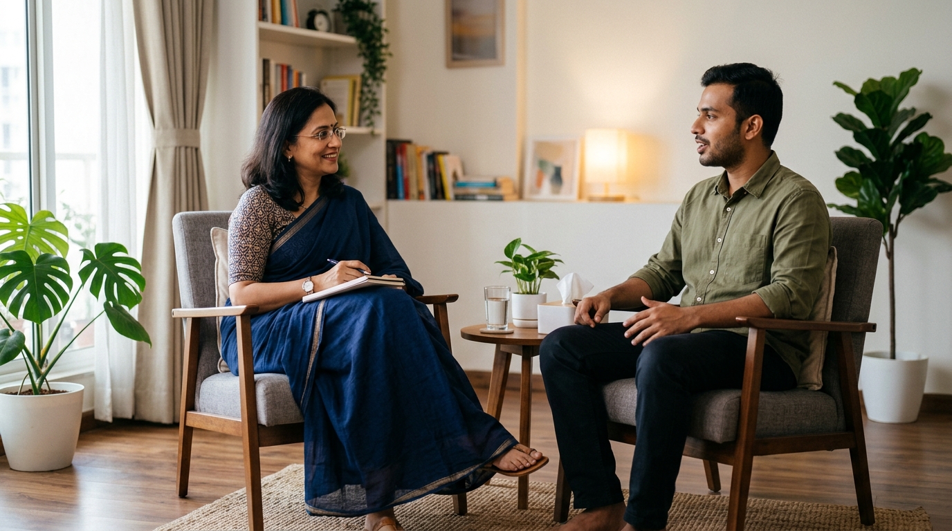 Cognitive Behavioral Therapy session — therapist and patient in a professional setting