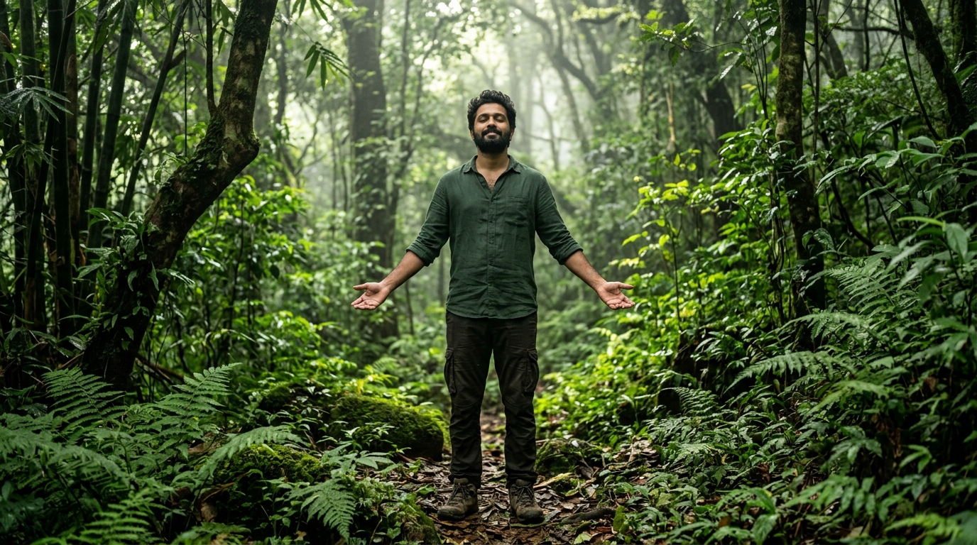 Japanese Shinrin-yoku forest bathing — person immersed in healing forest atmosphere