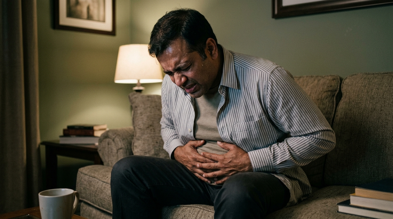 Woman holding stomach in pain