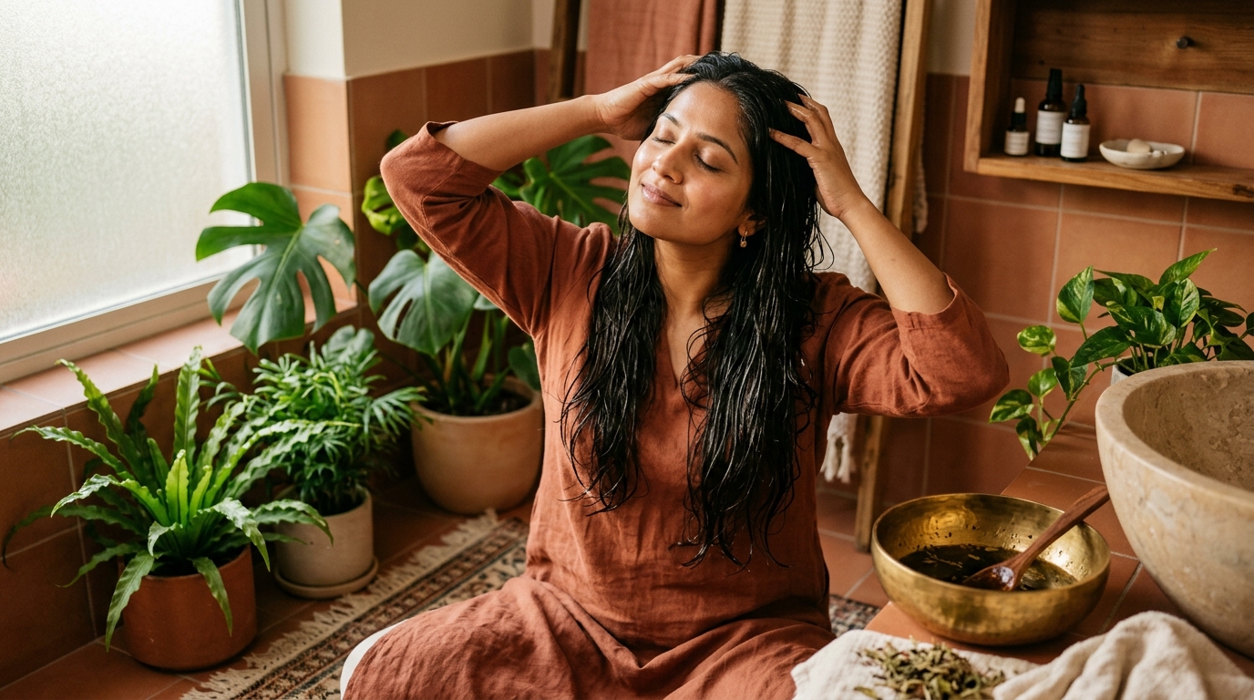 Woman performing traditional hair oil massage