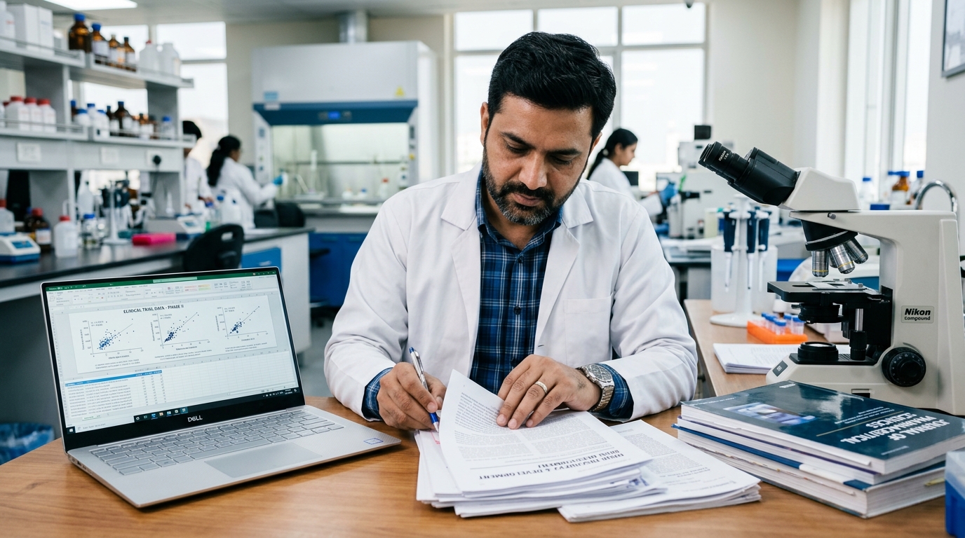 Researcher reviewing clinical studies