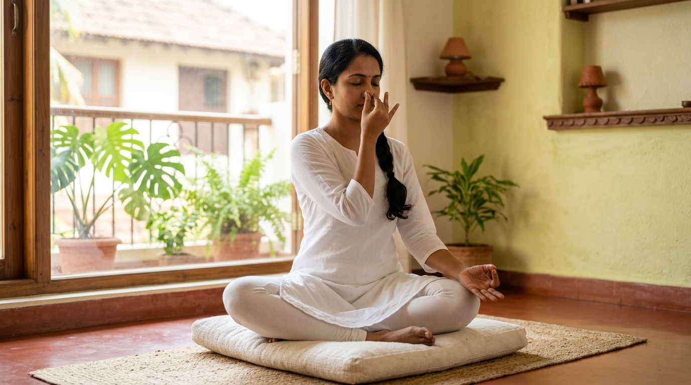 Woman practicing Nadi Shodhana alternate nostril breathing for stress relief