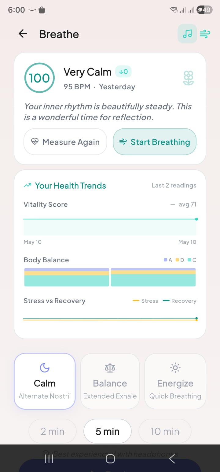 Breathe — Calm Score, Pranayama, vitality trends