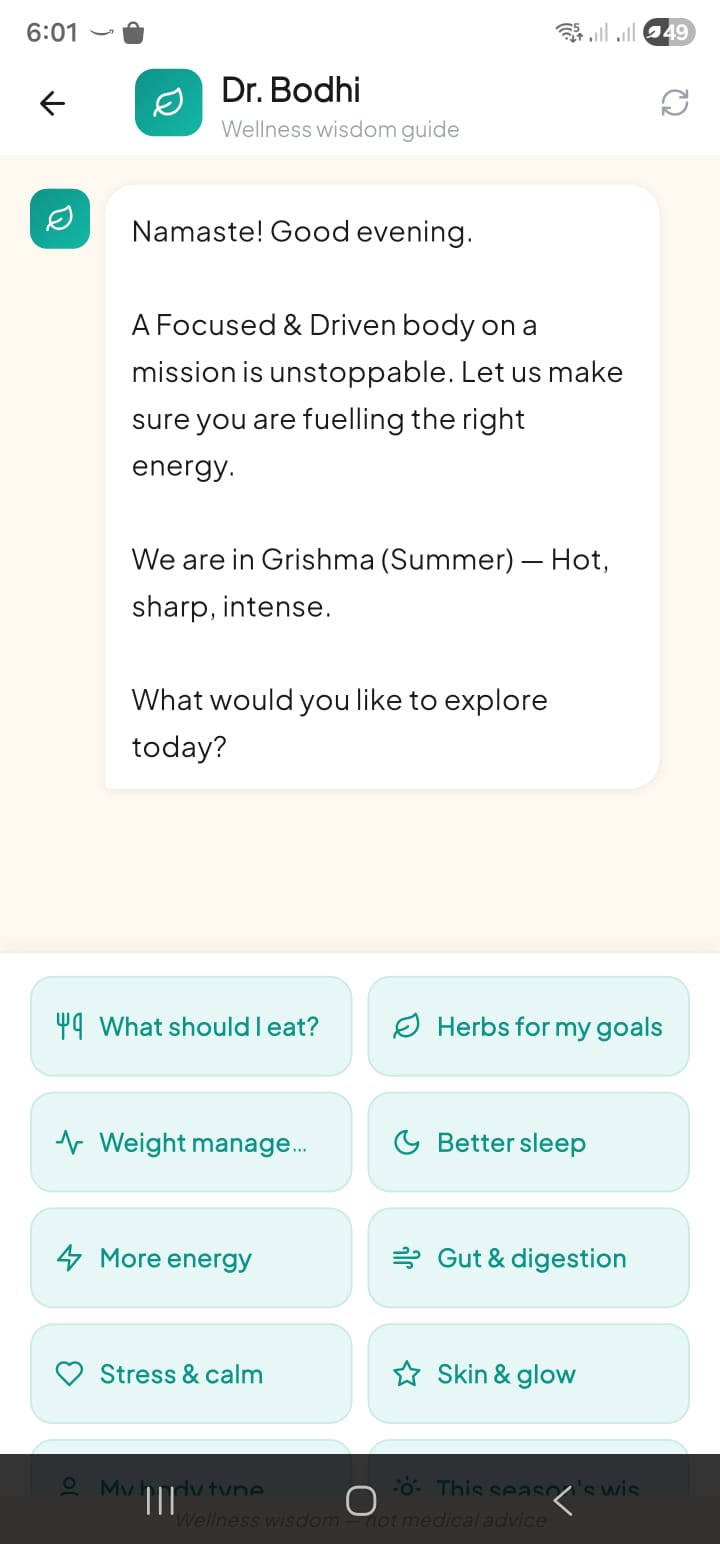 Dr. Bodhi AI Coach — season-aware Ayurvedic guidance
